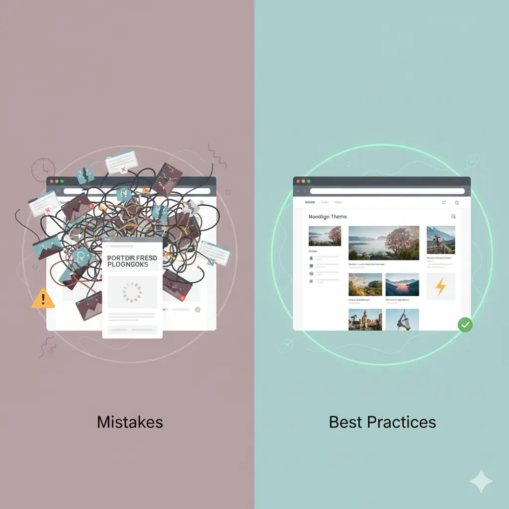 Illustration comparing common WordPress beginner mistakes with best practices for a fast, secure, and optimized website