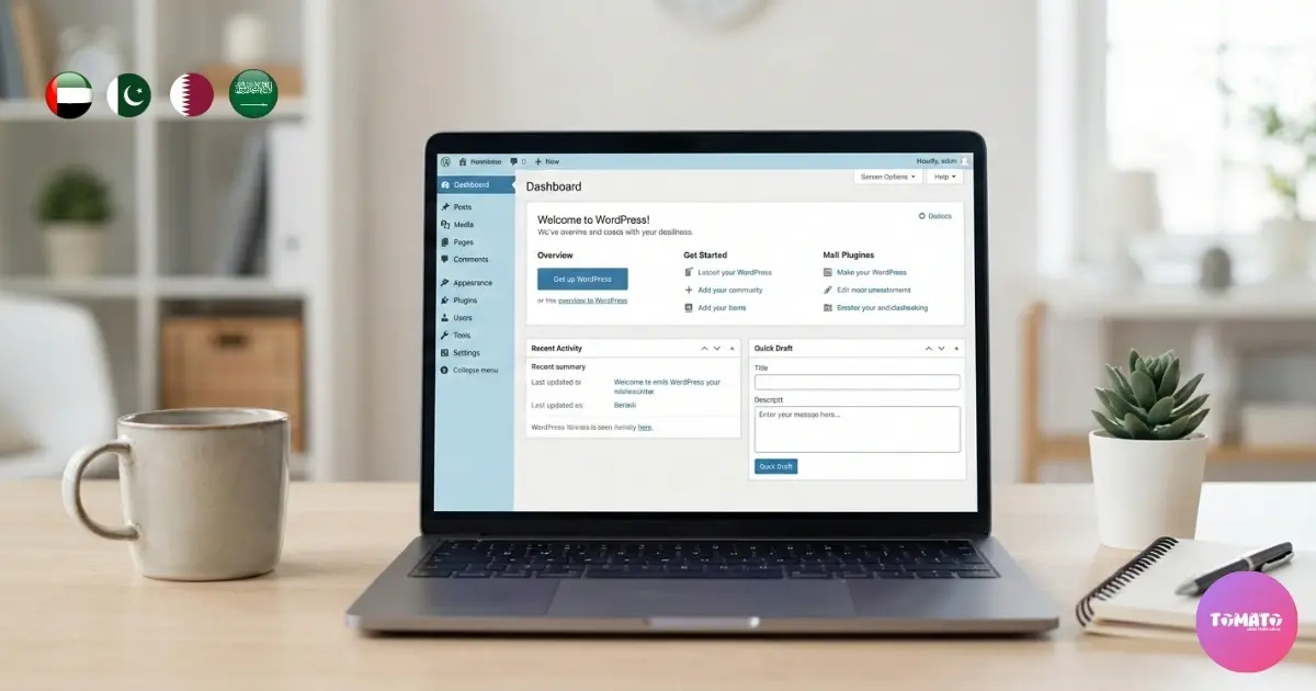 What Is WordPress? Modern workspace showing a laptop with a WordPress-style website dashboard, representing what WordPress is and how beginners can build websites easily