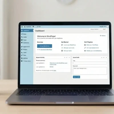 What Is WordPress? Modern workspace showing a laptop with a WordPress-style website dashboard, representing what WordPress is and how beginners can build websites easily